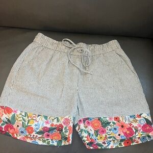 J Crew Striped Drawstring Womens Linen blend Shorts with Floral Hem